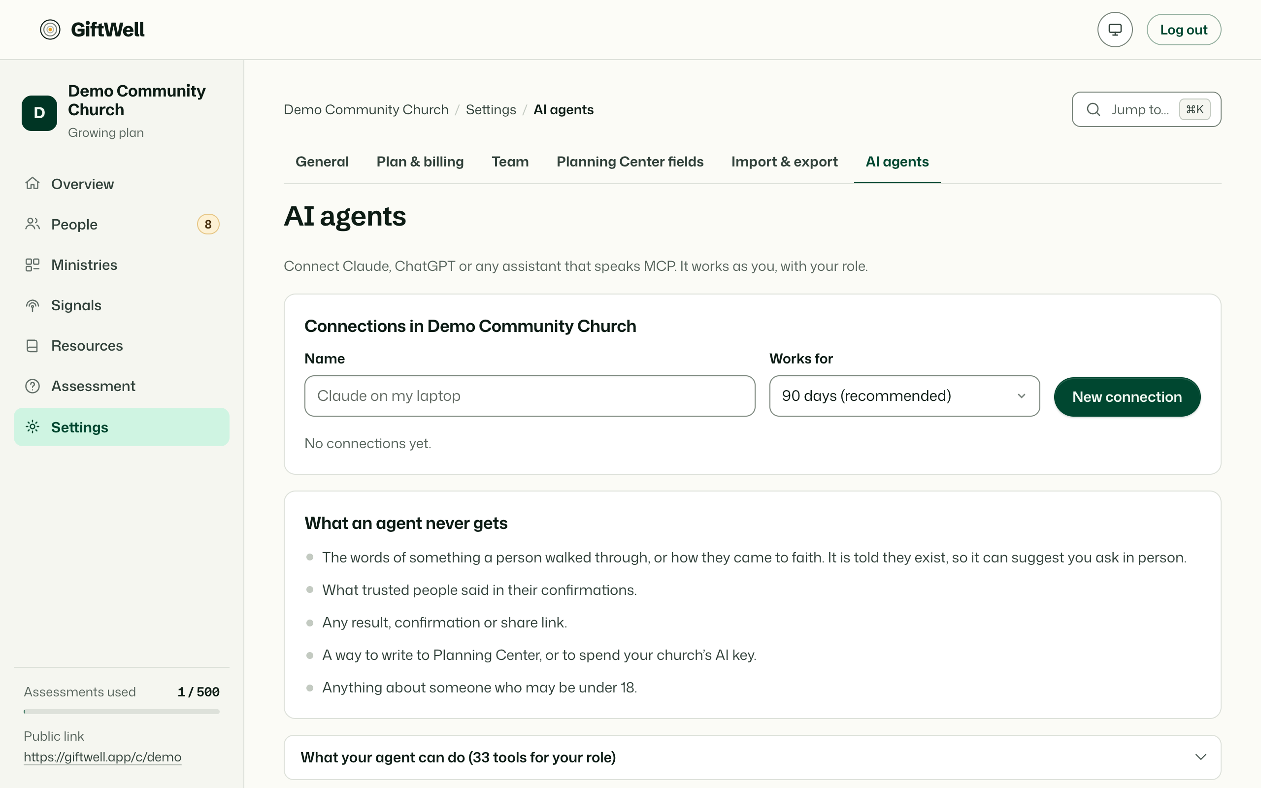 AI agents: named connections, their roles and expiry, and the instructions to paste into an assistant.