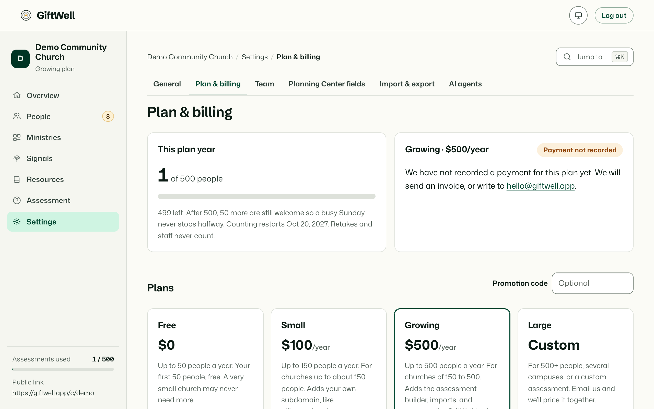 Plan & billing: the current plan, assessments used this year, and what happens next.