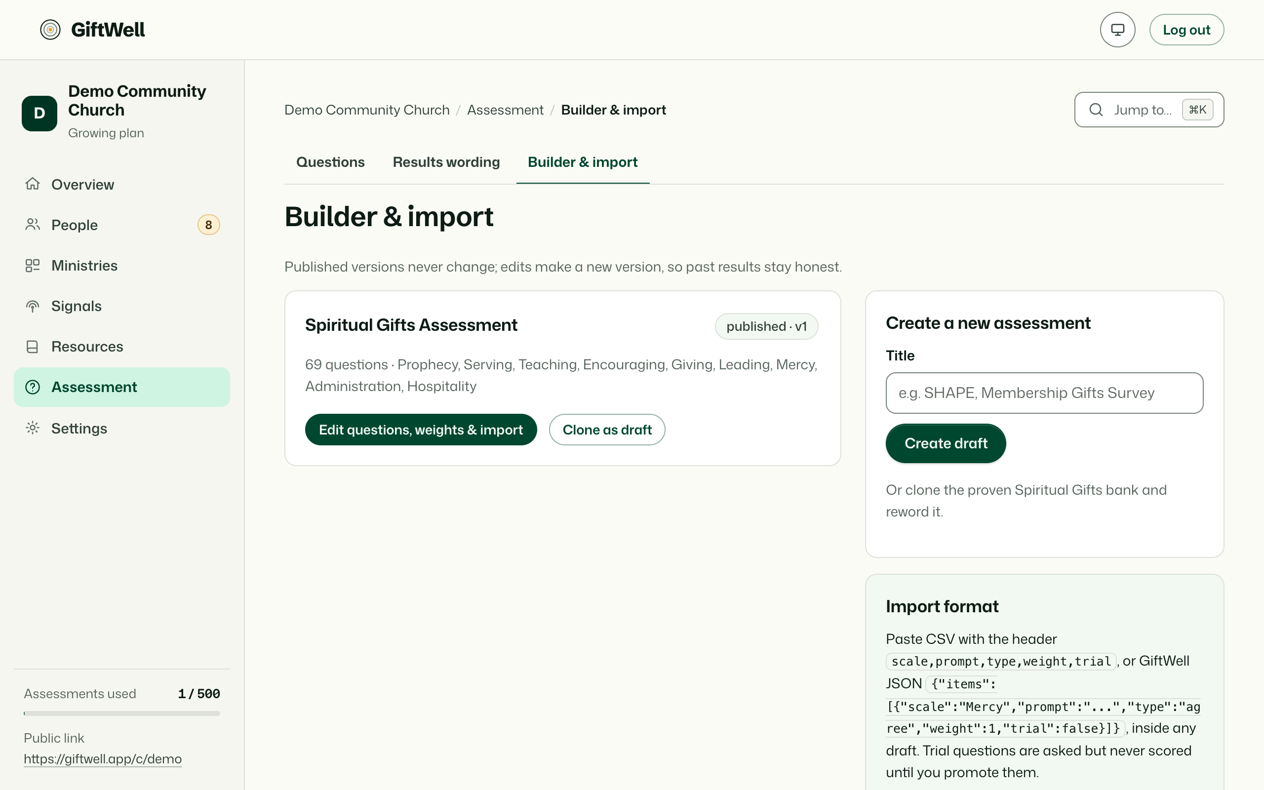 Builder & import: the assessments your church has, drafts, and the import format.