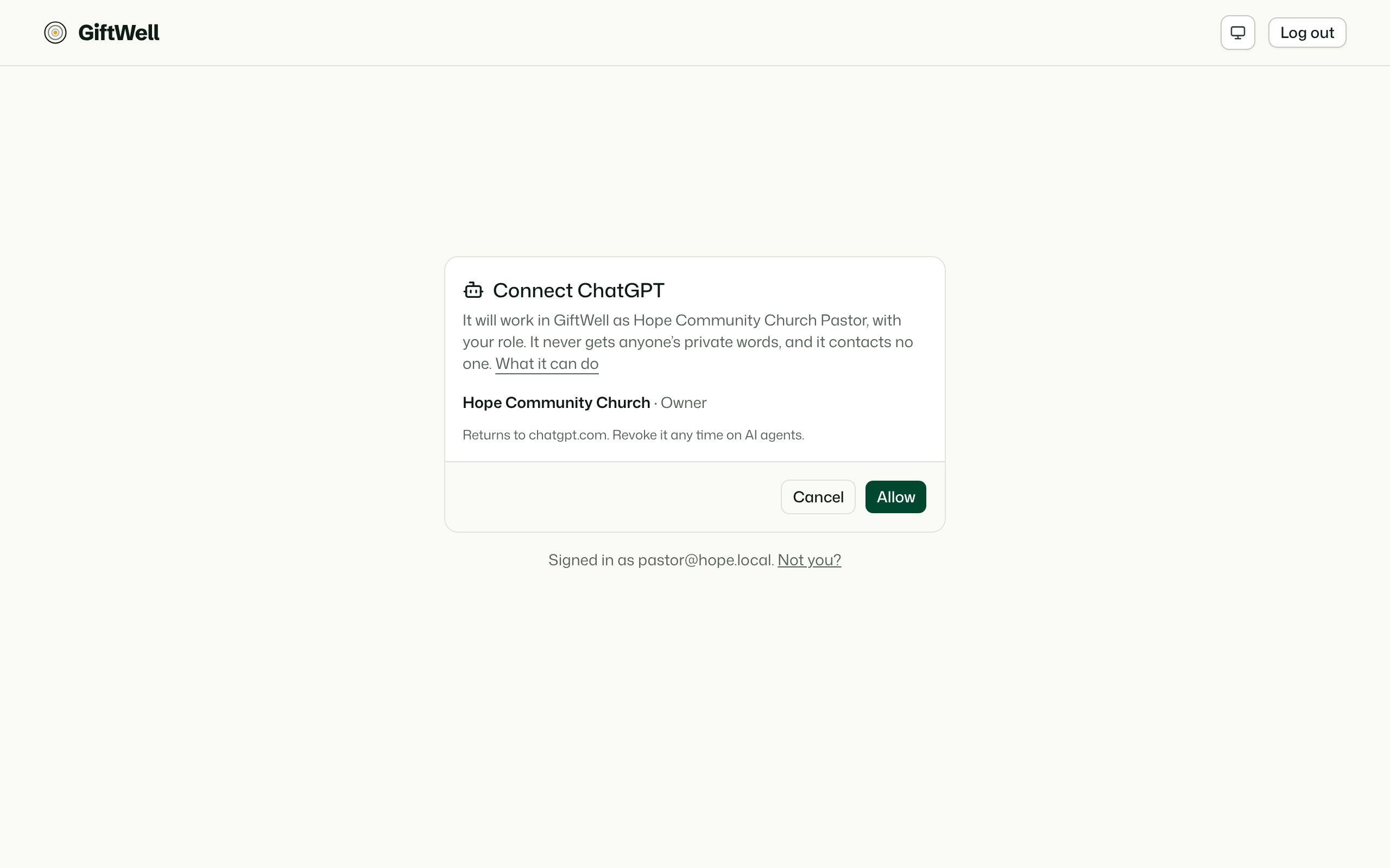 GiftWell's sign-in for an assistant: pick the church, then Allow.