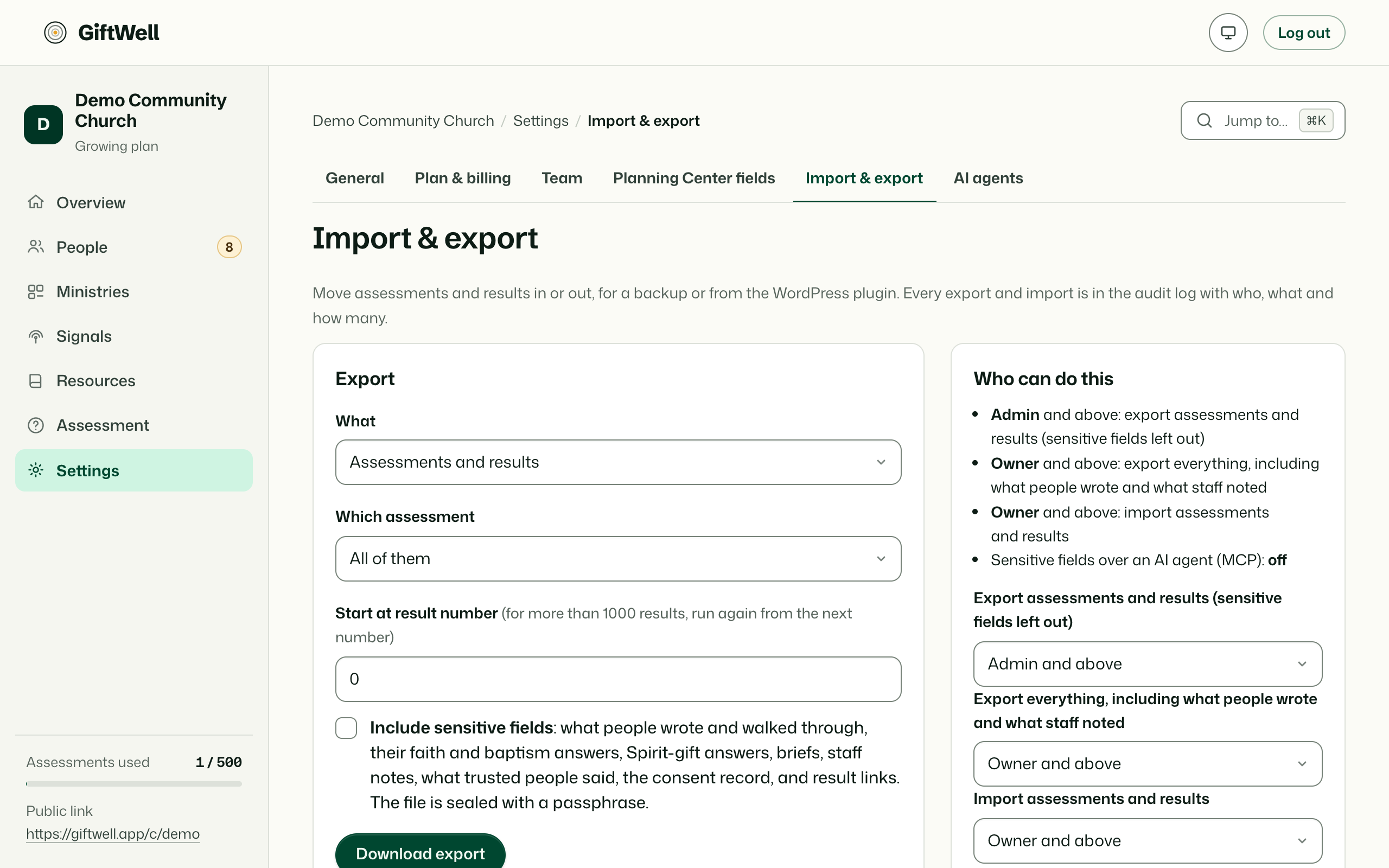 Data: export your church, and import from a file with a preview.