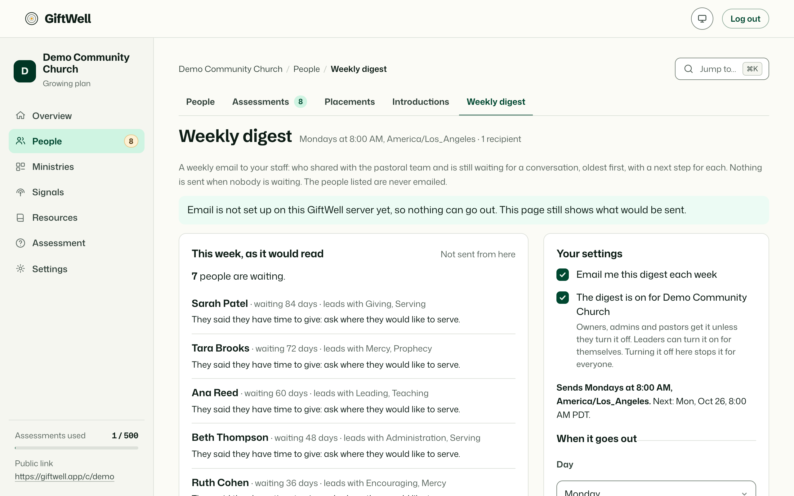 The Digest page: who receives it, when, and a preview of this week's email.