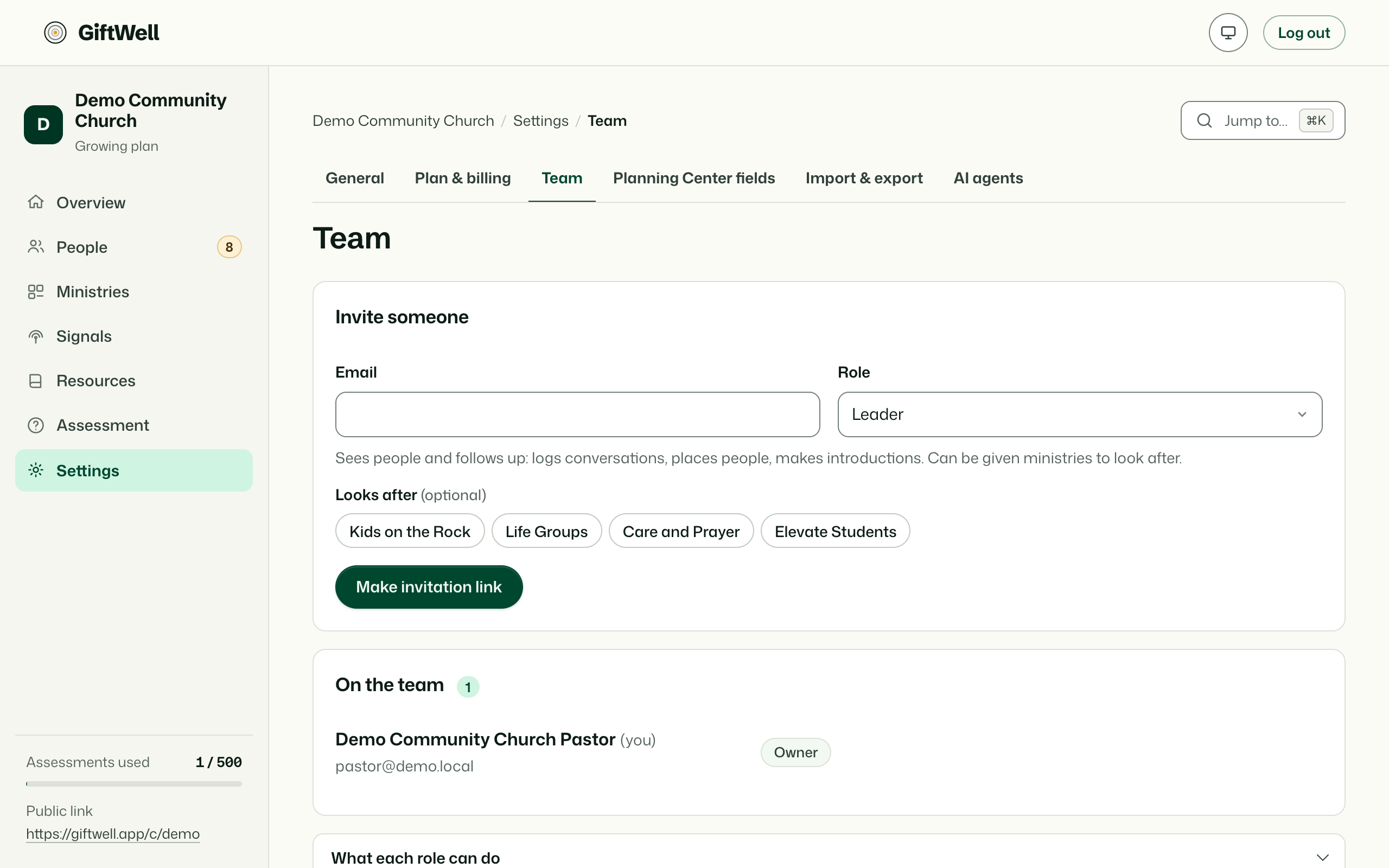 Team: members, their roles and ministries, and pending invitations.