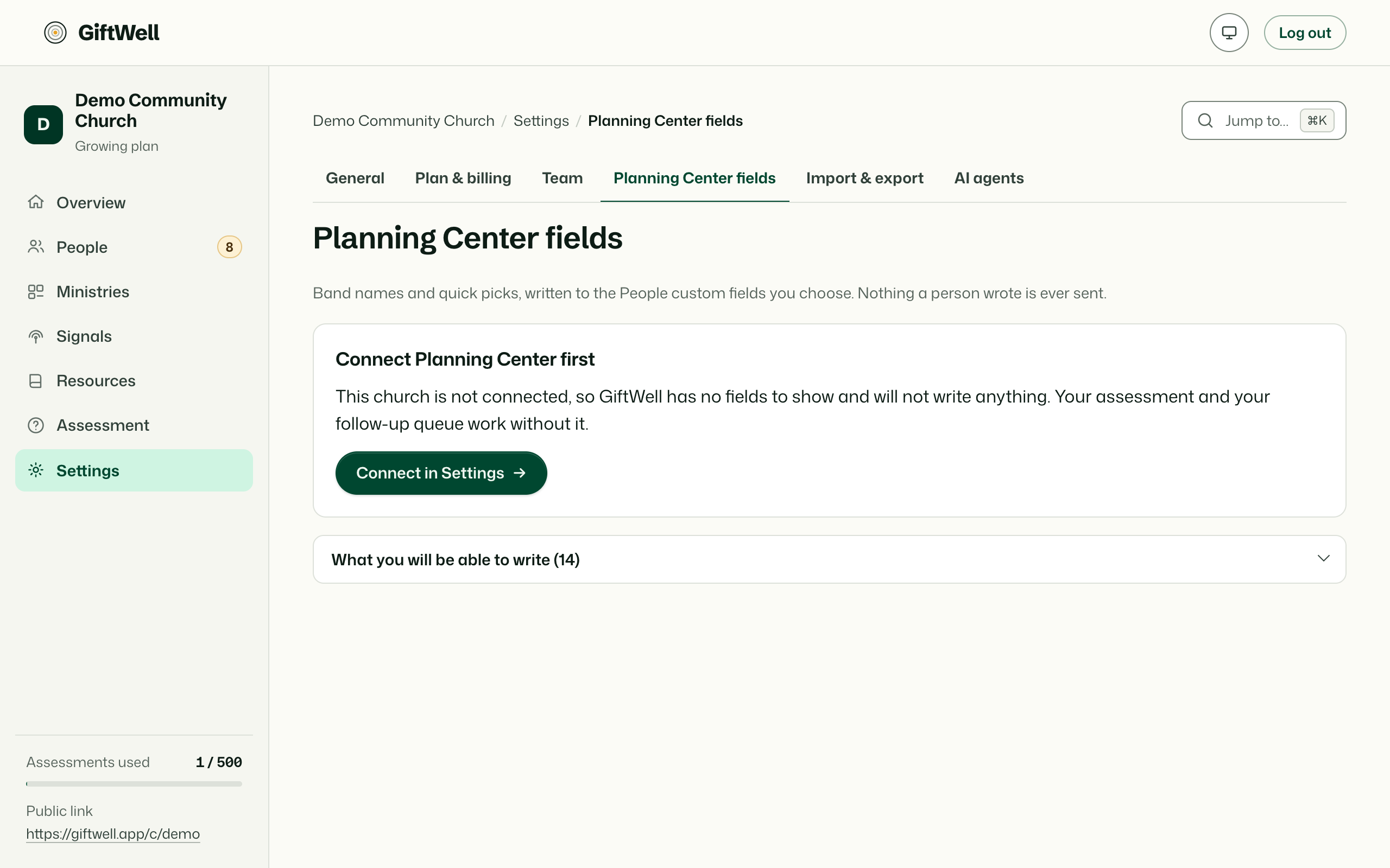 Planning Center: the connection, the field map, and what each result writes.