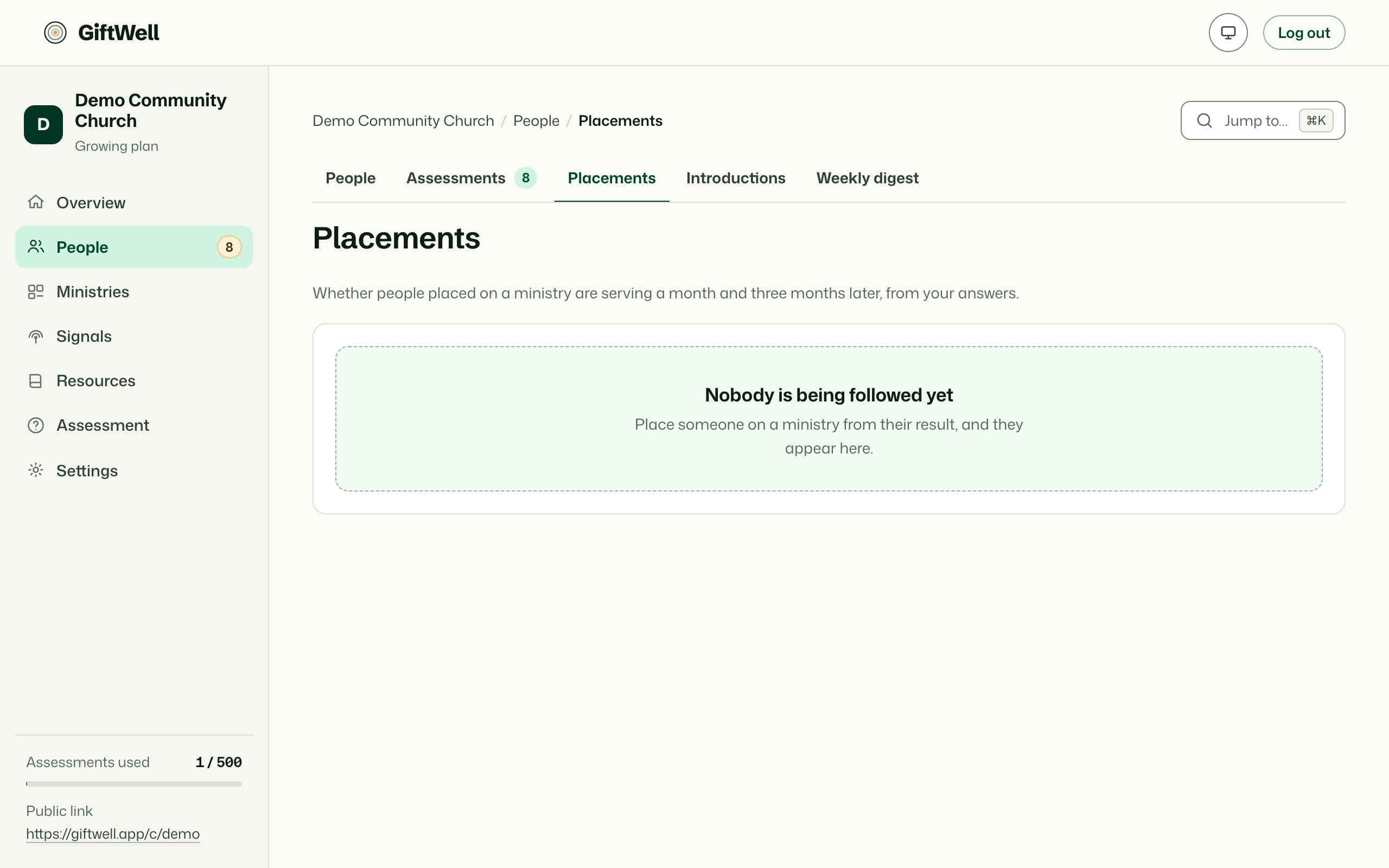 Placements: who is serving where, and the "did it take?" check-ins that are due.