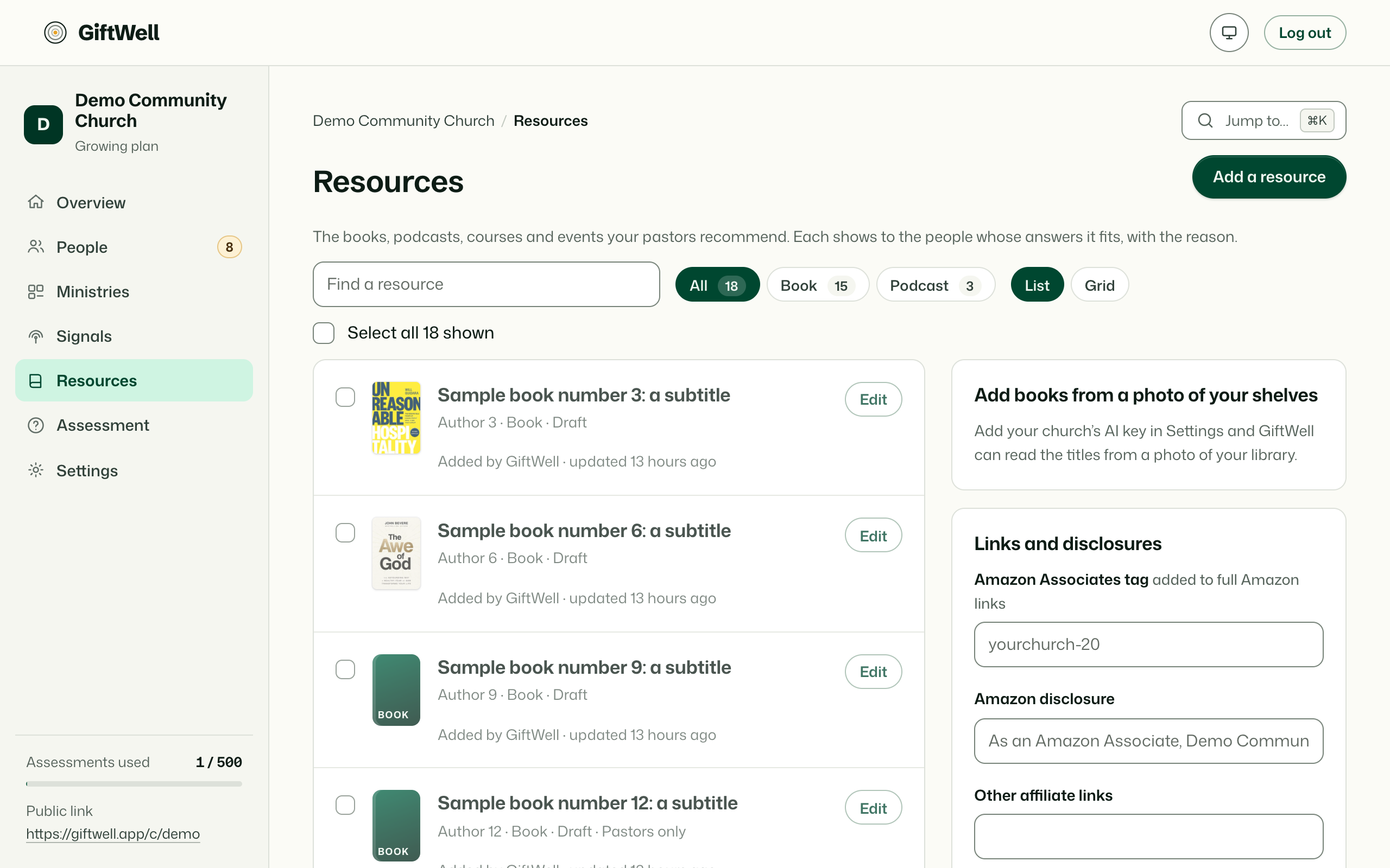 Resources: the church's reading list, with covers, kinds, gifts and the pastor's note.