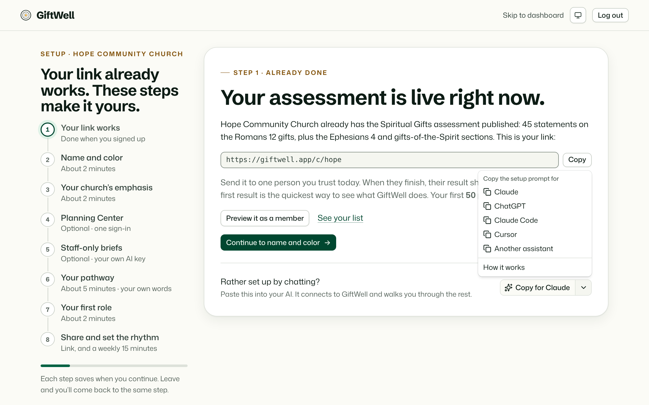The setup prompt menu on the first setup screen: Claude, ChatGPT, Claude Code, Cursor or another assistant.
