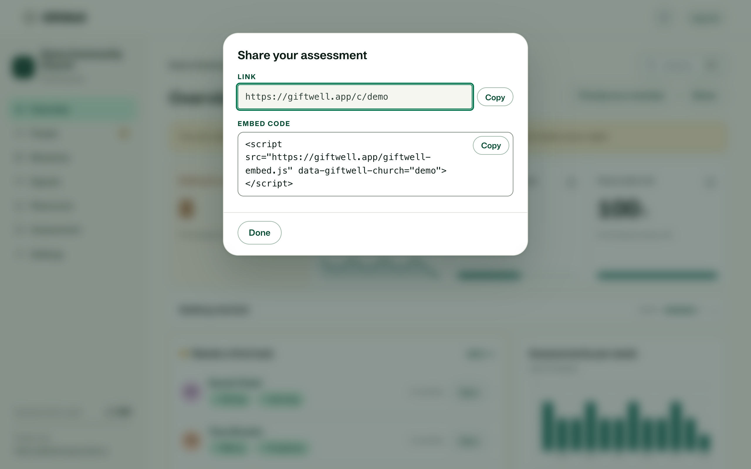 The Share dialog: your church's link and the website snippet, ready to copy.