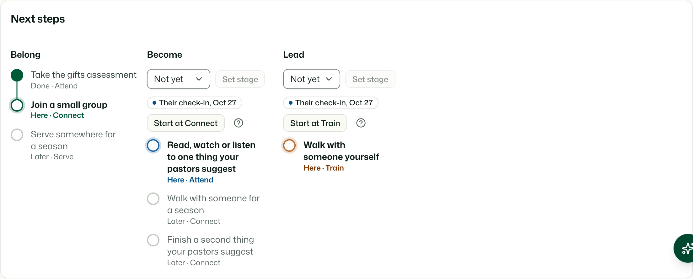 Next steps on a person's page. Become and Lead are not started, and each shows the person's check-in with a Start at button.