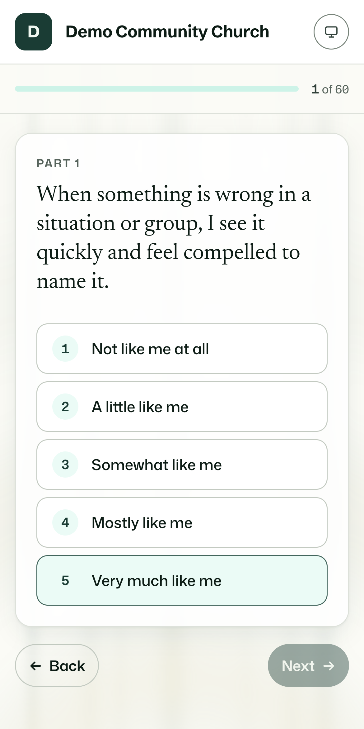 The assessment on a phone: one statement at a time, with a progress count.